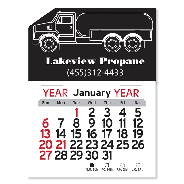 Propane Truck-shaped 4"H x 3"W Peel-N-Stick® white vinyl 12-month calendars with... from ASI 54040 Fey Promo / Fey Calendar Impressions