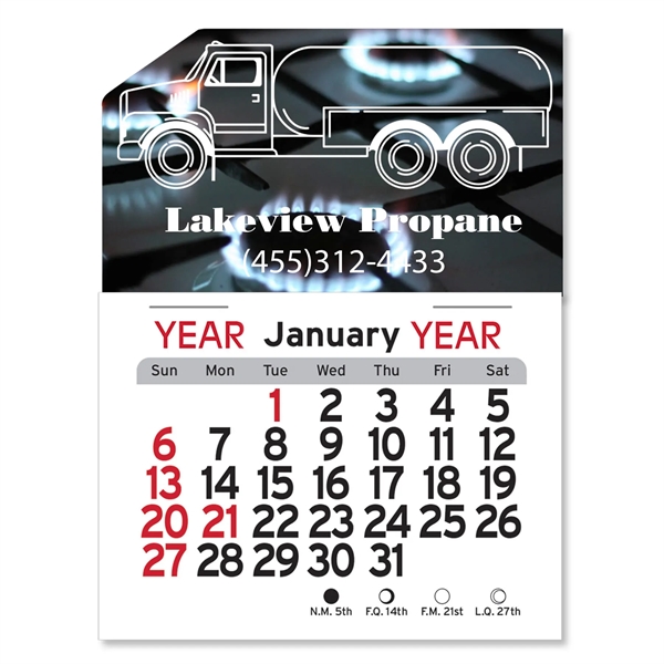Propane Truck-shaped 4"H x 3"W Peel-N-Stick® white vinyl 12-month calendars with... from ASI 54040 Fey Promo / Fey Calendar Impressions