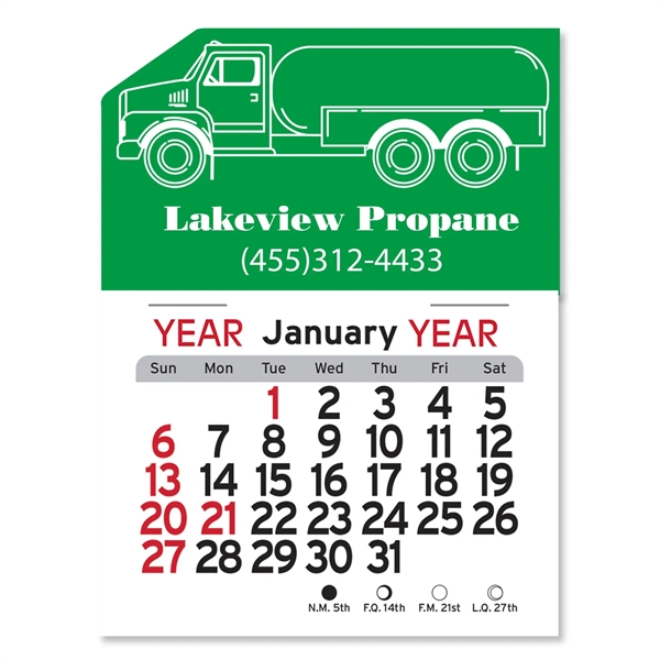 Propane Truck-shaped 4"H x 3"W Peel-N-Stick® white vinyl 12-month calendars with... from ASI 54040 Fey Promo / Fey Calendar Impressions