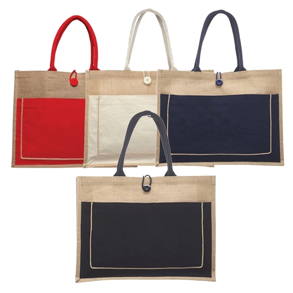 Two tone cotton pocket jute tote bag plus 1 color silkscreen... from ASI 37218 Athena Promo (tm)