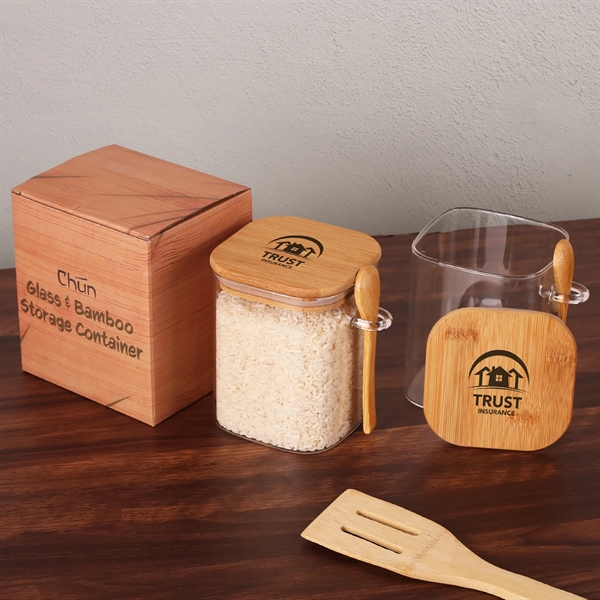 A storage container made of borosilicate glass with a bamboo lid... from ASI 61966 HPG / Beacon Promotions