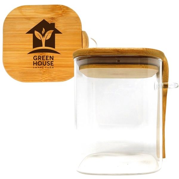 A storage container made of borosilicate glass with a bamboo lid... from ASI 61966 HPG / Beacon Promotions