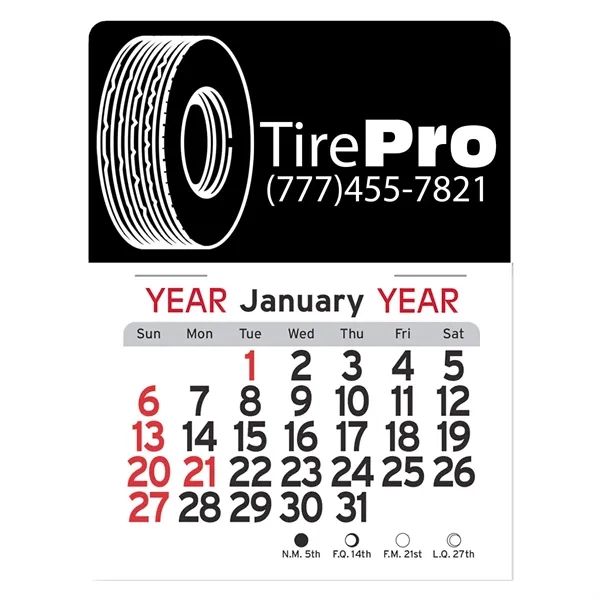 Tire-shaped 4"H x 3"W Peel-N-Stick® white vinyl 12-month calendars with full-color... from ASI 54040 Fey Promo / Fey Calendar Impressions