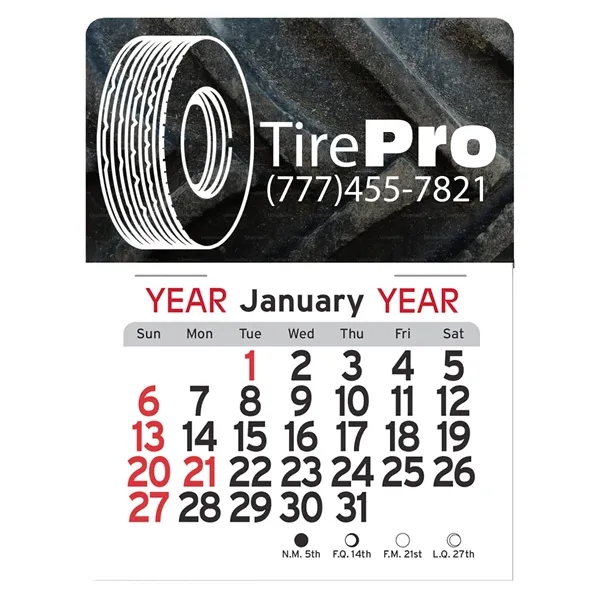 Tire-shaped 4"H x 3"W Peel-N-Stick® white vinyl 12-month calendars with full-color... from ASI 54040 Fey Promo / Fey Calendar Impressions