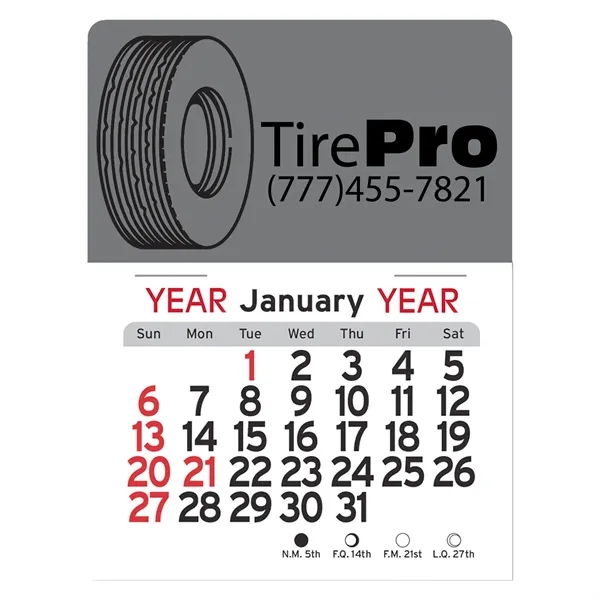 Tire-shaped 4"H x 3"W Peel-N-Stick® white vinyl 12-month calendars with full-color... from ASI 54040 Fey Promo / Fey Calendar Impressions