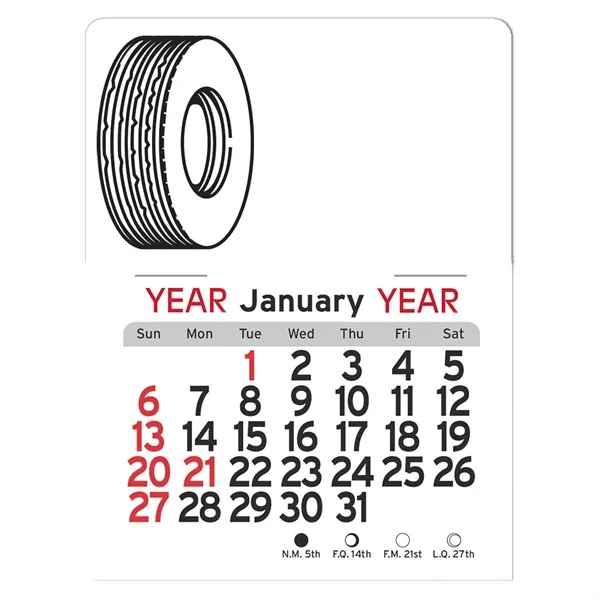 Tire-shaped 4"H x 3"W Peel-N-Stick® white vinyl 12-month calendars with full-color... from ASI 54040 Fey Promo / Fey Calendar Impressions