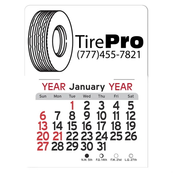 Tire-shaped 4"H x 3"W Peel-N-Stick® white vinyl 12-month calendars with full-color... from ASI 54040 Fey Promo / Fey Calendar Impressions