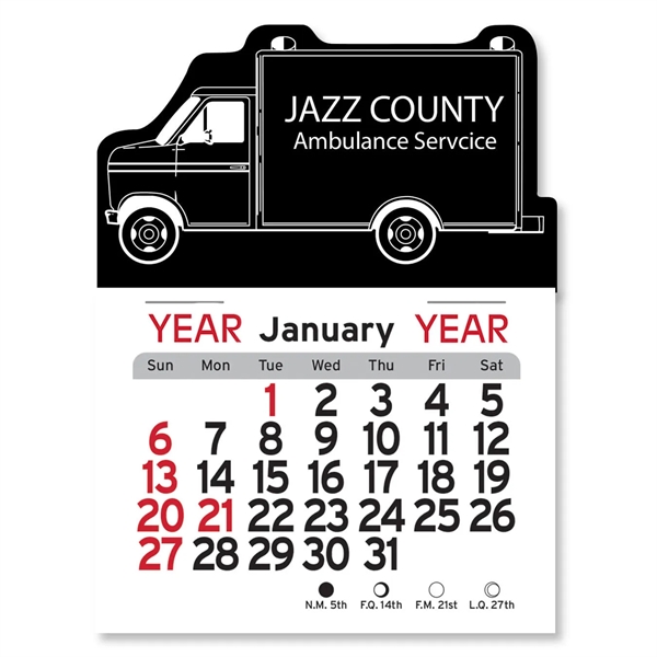 Ambulance-shaped 4"H x 3"W Peel-N-Stick® white vinyl 12-month calendars with full-color... from ASI 54040 Fey Promo / Fey Calendar Impressions