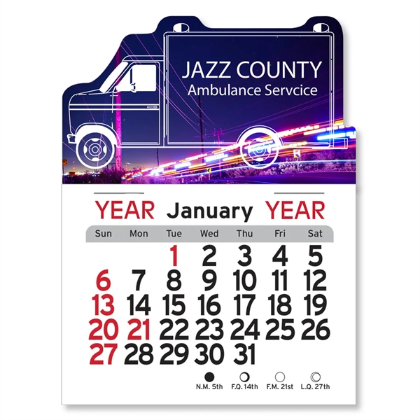 Ambulance-shaped 4"H x 3"W Peel-N-Stick® white vinyl 12-month calendars with full-color... from ASI 54040 Fey Promo / Fey Calendar Impressions