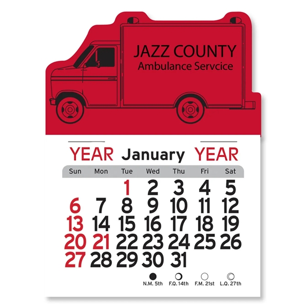 Ambulance-shaped 4"H x 3"W Peel-N-Stick® white vinyl 12-month calendars with full-color... from ASI 54040 Fey Promo / Fey Calendar Impressions