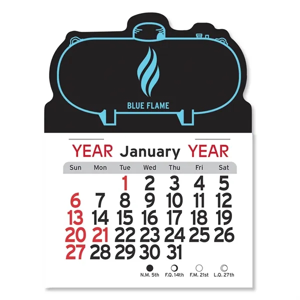Propane tank-shaped 4"H x 3"W Peel-N-Stick® white vinyl 12-month calendars with... from ASI 54040 Fey Promo / Fey Calendar Impressions
