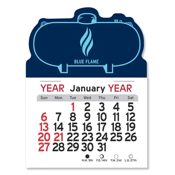 Propane tank-shaped 4"H x 3"W Peel-N-Stick® white vinyl 12-month calendars with... from ASI 54040 Fey Promo / Fey Calendar Impressions