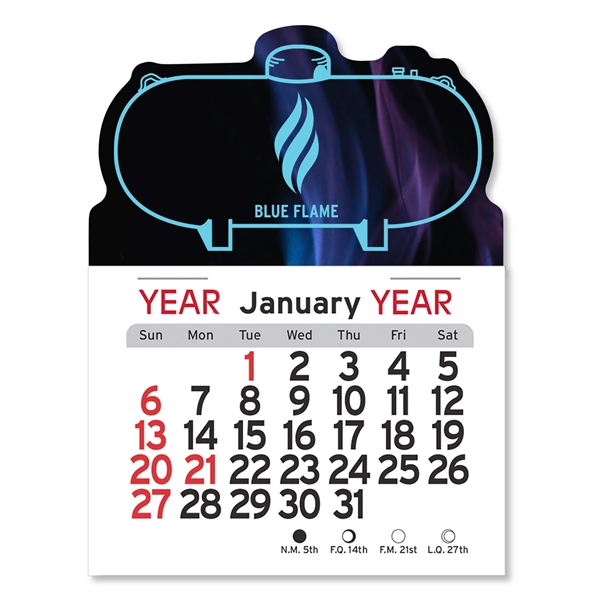 Propane tank-shaped 4"H x 3"W Peel-N-Stick® white vinyl 12-month calendars with... from ASI 54040 Fey Promo / Fey Calendar Impressions