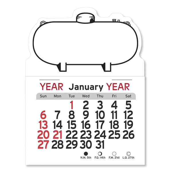 Propane tank-shaped 4"H x 3"W Peel-N-Stick® white vinyl 12-month calendars with... from ASI 54040 Fey Promo / Fey Calendar Impressions