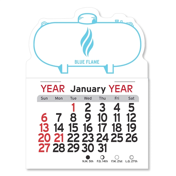 Propane tank-shaped 4"H x 3"W Peel-N-Stick® white vinyl 12-month calendars with... from ASI 54040 Fey Promo / Fey Calendar Impressions