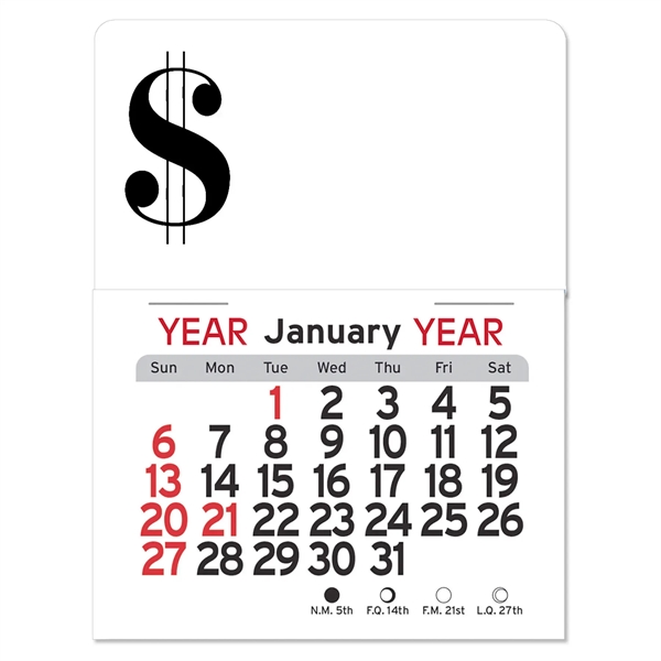 Dollar sign-shaped 4"H x 3"W Peel-N-Stick® white vinyl 12-month calendars with... from ASI 54040 Fey Promo / Fey Calendar Impressions