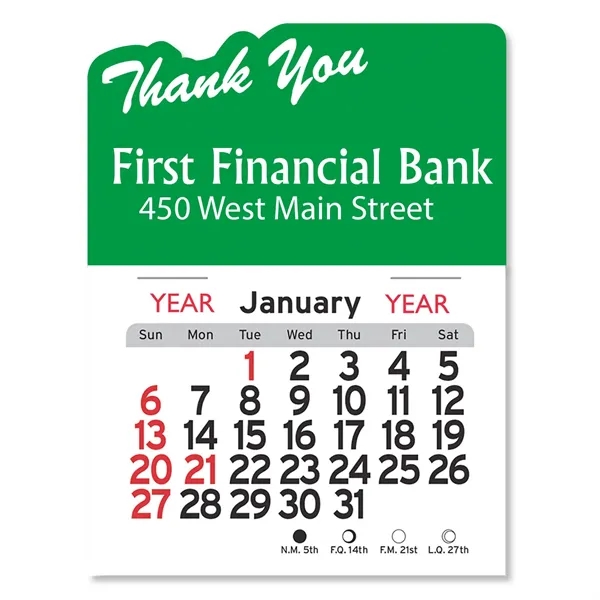 Thank you-shaped 4"H x 3"W Peel-N-Stick® white vinyl 12-month calendars with... from ASI 54040 Fey Promo / Fey Calendar Impressions
