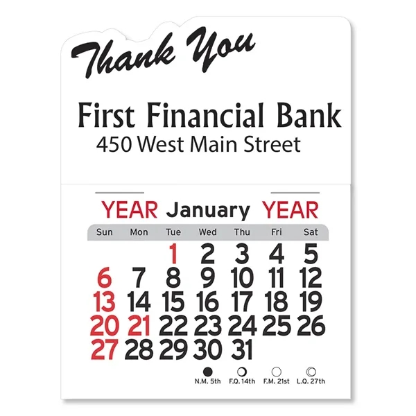 Thank you-shaped 4"H x 3"W Peel-N-Stick® white vinyl 12-month calendars with... from ASI 54040 Fey Promo / Fey Calendar Impressions