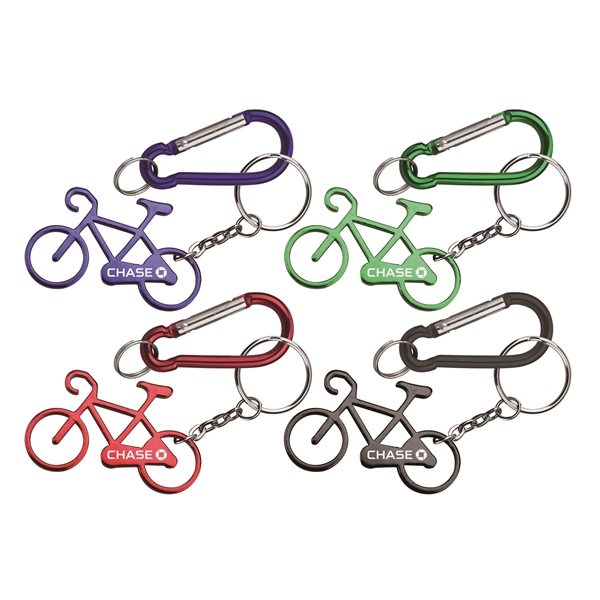 Bicycle shape bottle opener with key chain and carabiner... from ASI 74585 Nu Promo International / Nu Promo Line