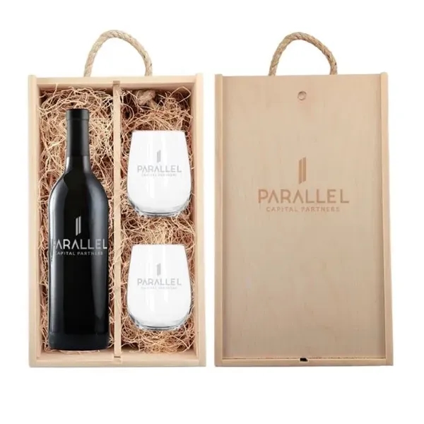 Wine gift set with a bottle, two stemless wine glasses, and... from ASI 30223 A Plus Wine Designs