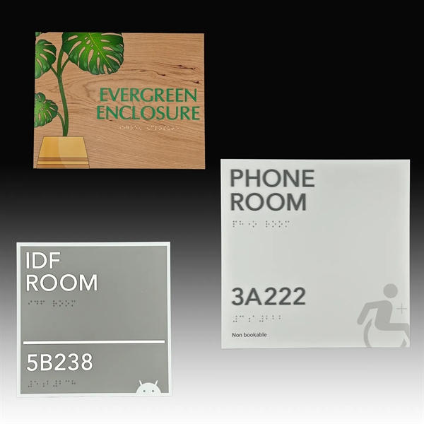 Customizable, ADA-compliant sign with window and Grade 2 braille, colored lettering... from ASI 92531 Unique Custom Products / UCP