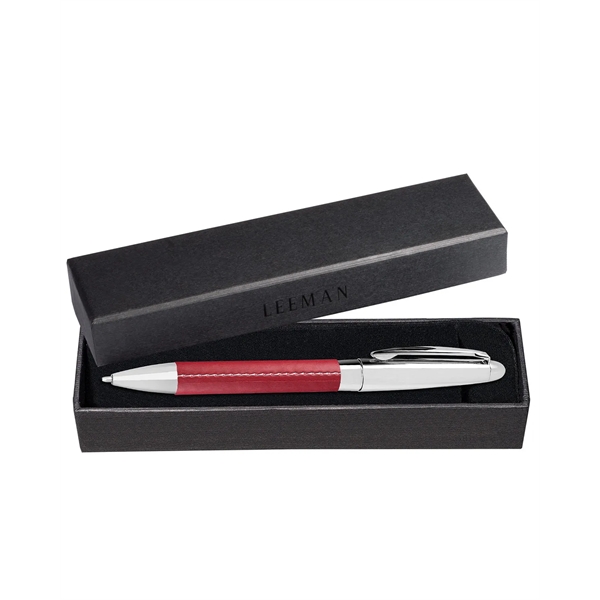 Stainless steel twist-action ballpoint pen with faux leather wrapped body.... from ASI 79530 Prime Line