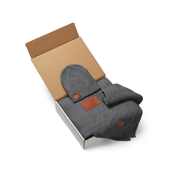 Knit gift set with a beanie, blanket, scarf and PU faux... from ASI 79530 Prime Line