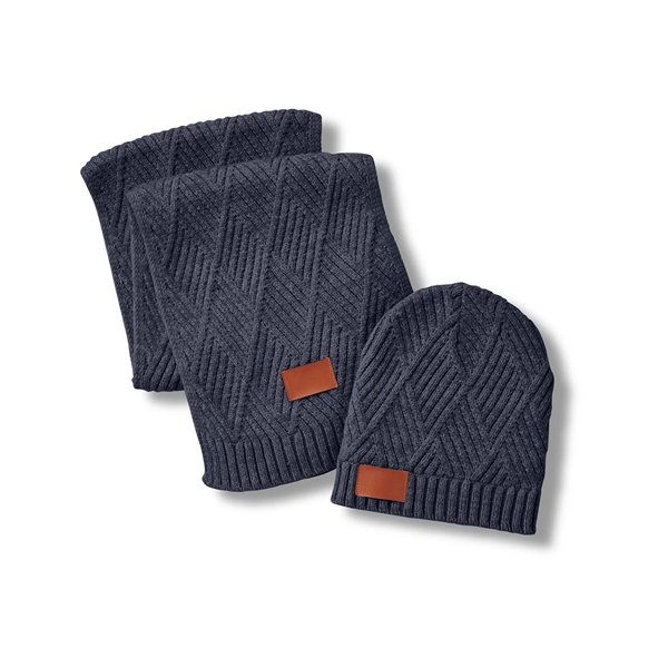 Knit gift set with a beanie, scarf, PU faux leather patch... from ASI 79530 Prime Line