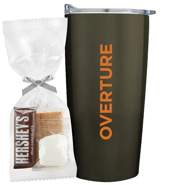 20 oz stainless steel straight tumbler with S'mores Kit Mug Stuffer.... from ASI 71685 Midnite Snax® / Promo Revolution