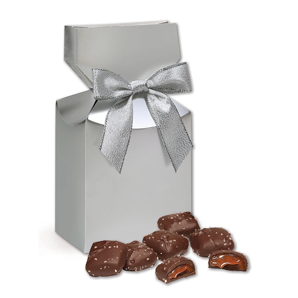 Metallic silver gift box filled with chocolate sea salt caramels.... from ASI 68680 Maple Ridge Farms Inc