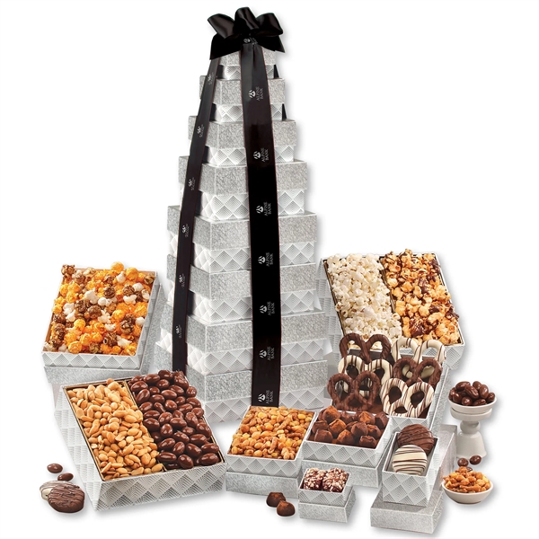 silver-patterned tower filled with chocolates, popcorns, and other treats... from ASI 68680 Maple Ridge Farms Inc