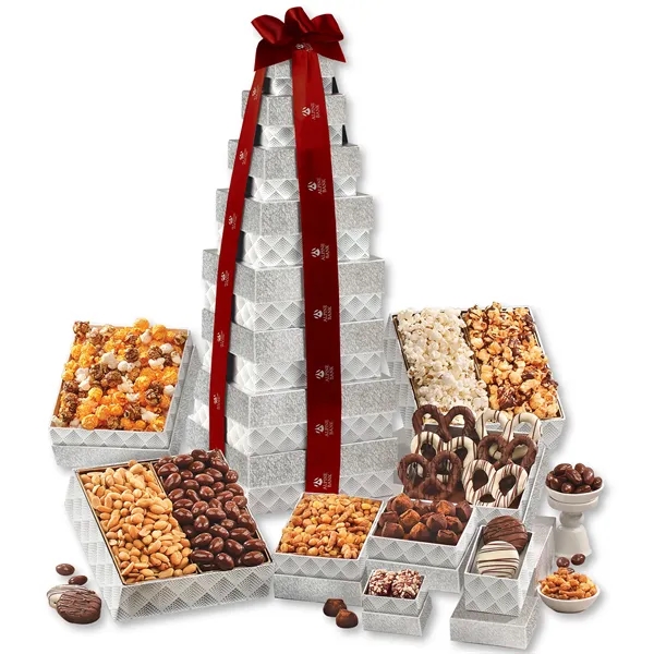 silver-patterned tower filled with chocolates, popcorns, and other treats... from ASI 68680 Maple Ridge Farms Inc