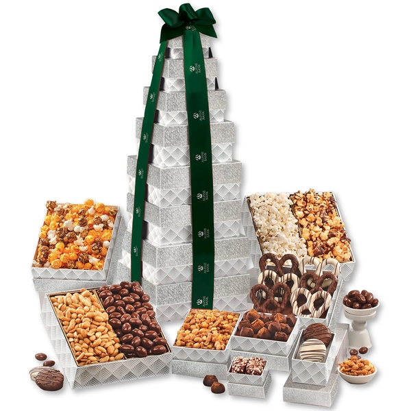 silver-patterned tower filled with chocolates, popcorns, and other treats... from ASI 68680 Maple Ridge Farms Inc