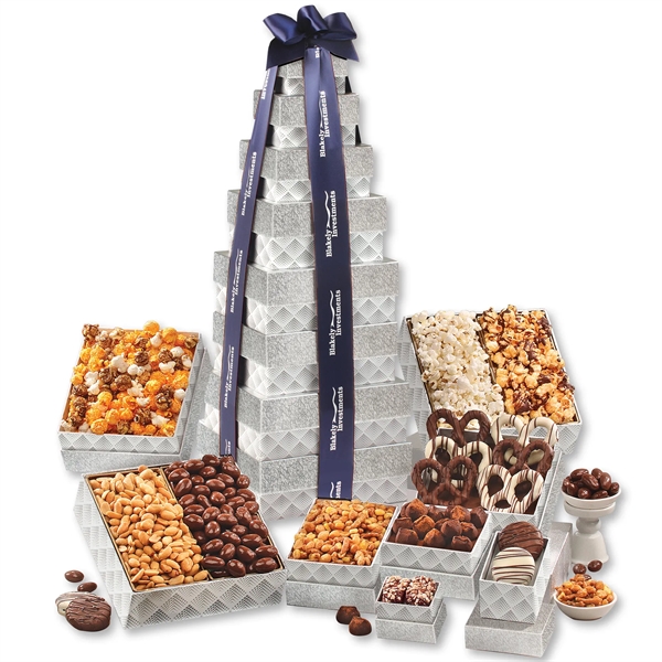 silver-patterned tower filled with chocolates, popcorns, and other treats... from ASI 68680 Maple Ridge Farms Inc