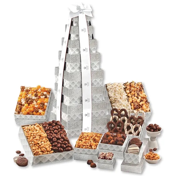 silver-patterned tower filled with chocolates, popcorns, and other treats... from ASI 68680 Maple Ridge Farms Inc