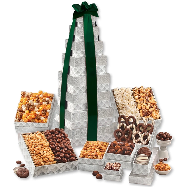 silver-patterned tower filled with chocolates, popcorns, and other treats... from ASI 68680 Maple Ridge Farms Inc