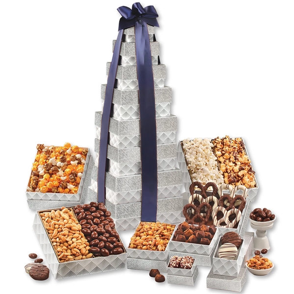 silver-patterned tower filled with chocolates, popcorns, and other treats... from ASI 68680 Maple Ridge Farms Inc