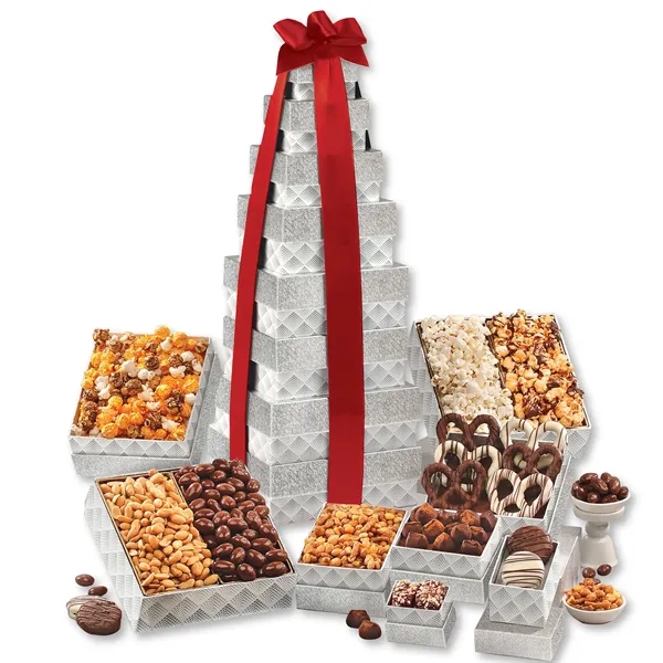 silver-patterned tower filled with chocolates, popcorns, and other treats... from ASI 68680 Maple Ridge Farms Inc