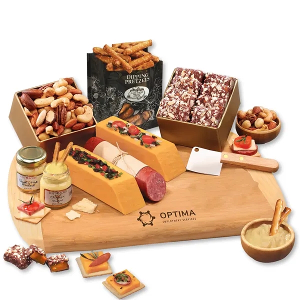 bamboo cutting board with shelf stable cheese, sausage, toffee, and other... from ASI 68680 Maple Ridge Farms Inc
