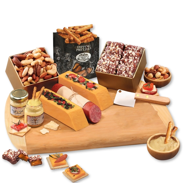 bamboo cutting board with shelf stable cheese, sausage, toffee, and other... from ASI 68680 Maple Ridge Farms Inc