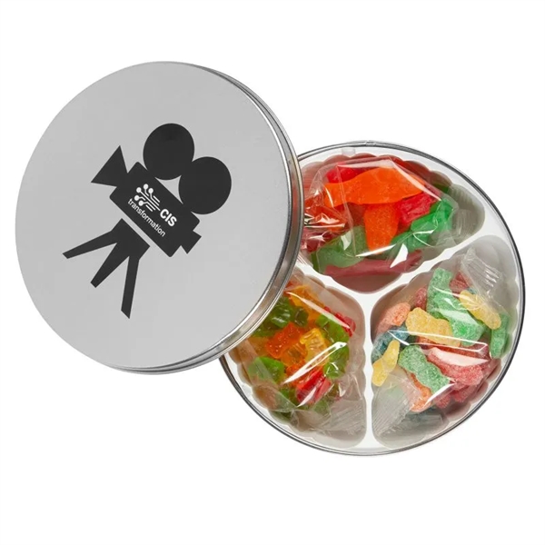 Movie themed confections tin filled with gummy bears, assorted fish and... from ASI 44900 NC Custom (CI/Lanco) / Chocolate Inn Lanco