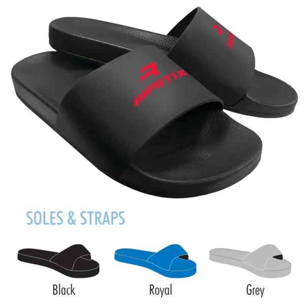 Slide sandals with textured, molded insoles and large imprint on straps.... from ASI 90859 Tempo Industries Inc