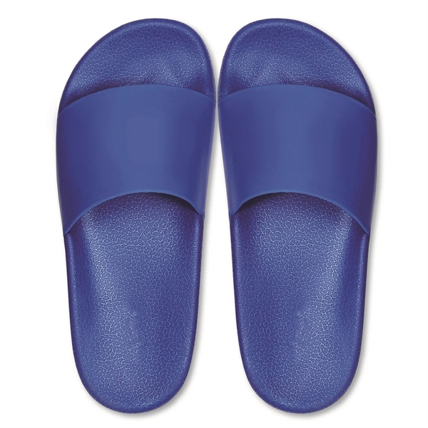 Slide sandals with textured, molded insoles and large imprint on straps.... from ASI 90859 Tempo Industries Inc