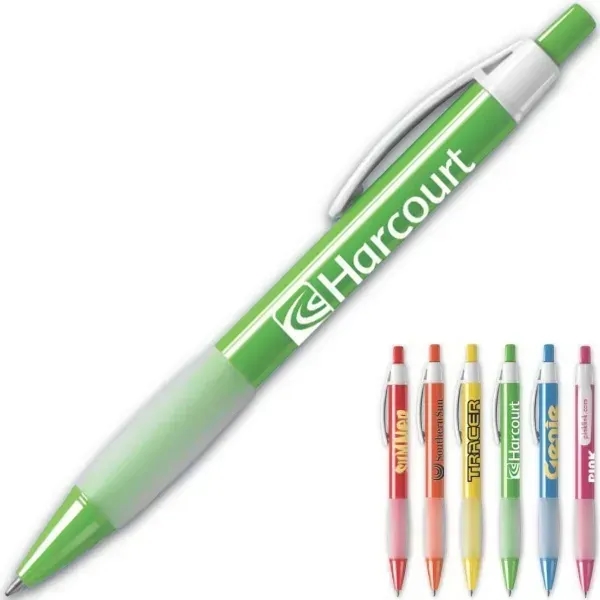 Click-action ballpoint pen with white clip, translucent grip, matching color barrel,... from ASI 90859 Tempo Industries Inc / Tempo Tempoline