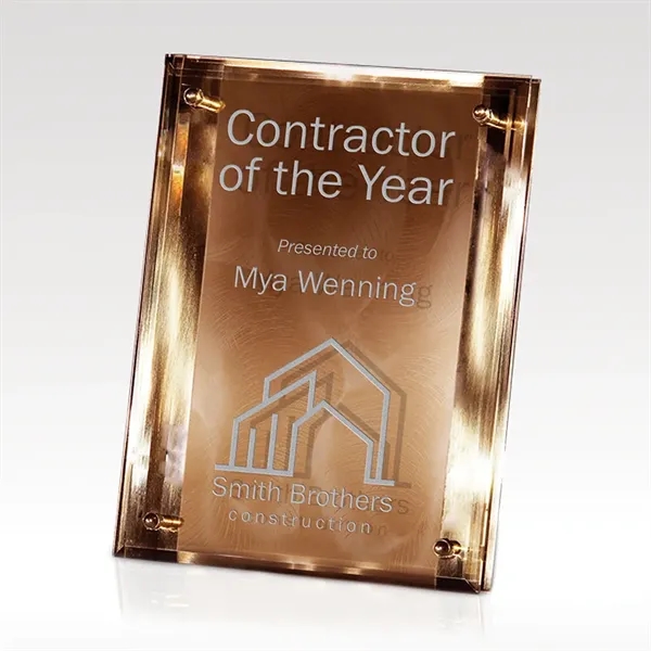 Plaque made from glass and stainless steel, with a burnished bronze... from ASI 93986 Visions/Awardcraft / Visions Awards