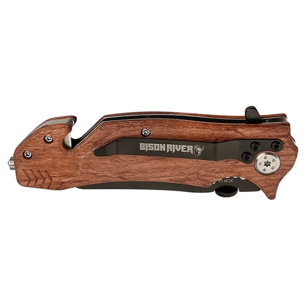 This wood handle spring assisted knife with a clip features a... from ASI 72657 Active Life Promo / Ingrain