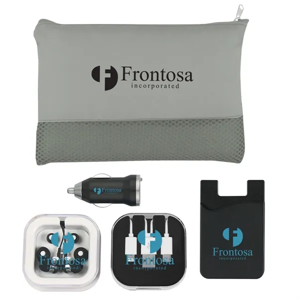 Tech kit that includes a mesh vanity bag with earbuds, car... from ASI 61125 Hit Promotional Products / Hit®