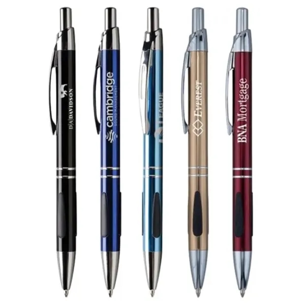 5.60" x 0.4" metal plunger-action ballpoint pen with silver trim, curved... from ASI 37218 Athena Promo (tm)