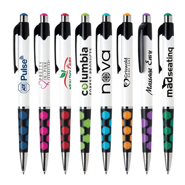 5.4" x 0.4" plunger-action plastic ballpoint pen with hexagonal rubber grip... from ASI 37218 Athena Promo (tm)