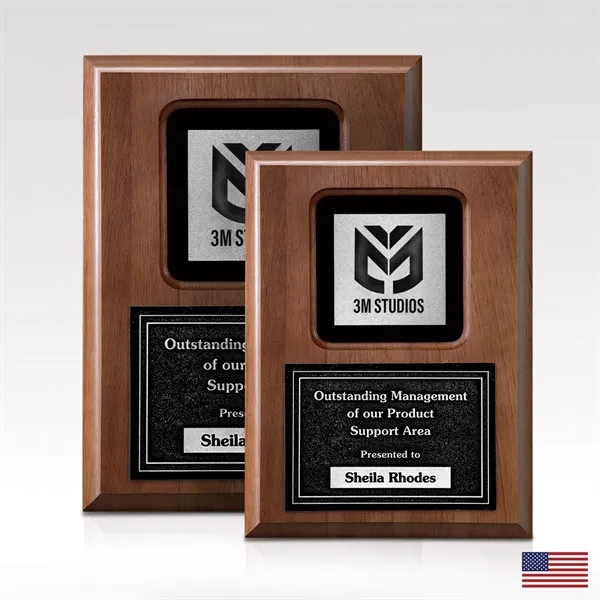 Award plaque made of rich wood with two recessed areas for... from ASI 93986 Visions/Awardcraft / Visions Awards